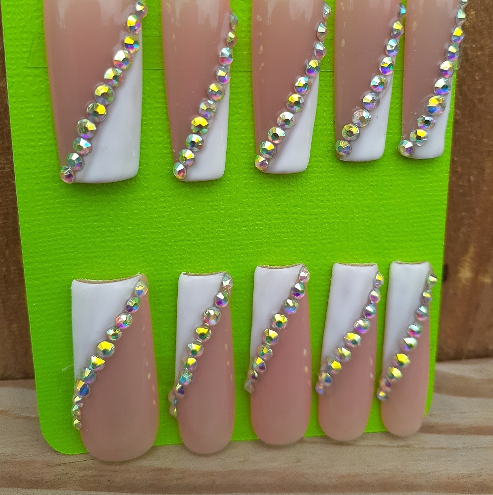 Nude Half White Rhinestone Long Press on Nails